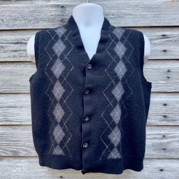 Vintage Black Argyle Sweater Vest Merino Wool Mens XL Academia Grunge Preppy Y2k - Picture 2 of 10